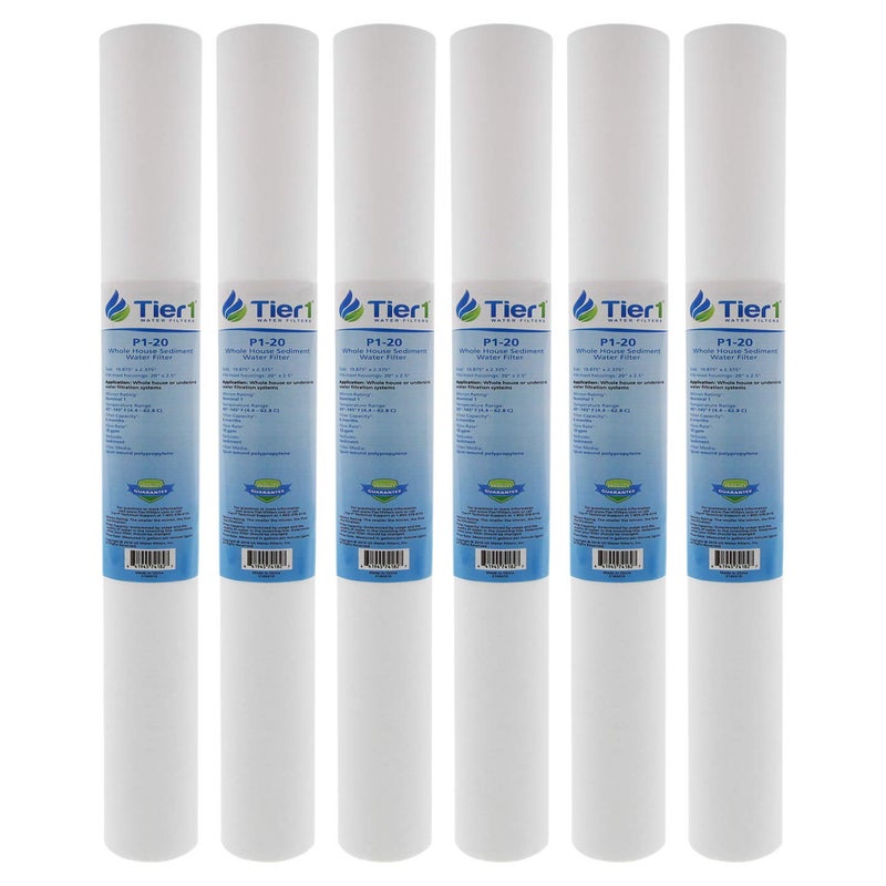 Tier1 1 Micron 20 Inch x 2.5 Inch | 6-Pack Spun Wound Polypropylene Whole House Sediment Water Filter Replacement Cartridge | Compatible with Pentek P1-20, SP-P1-20, PX01-20, Home Water Filter - Image 1